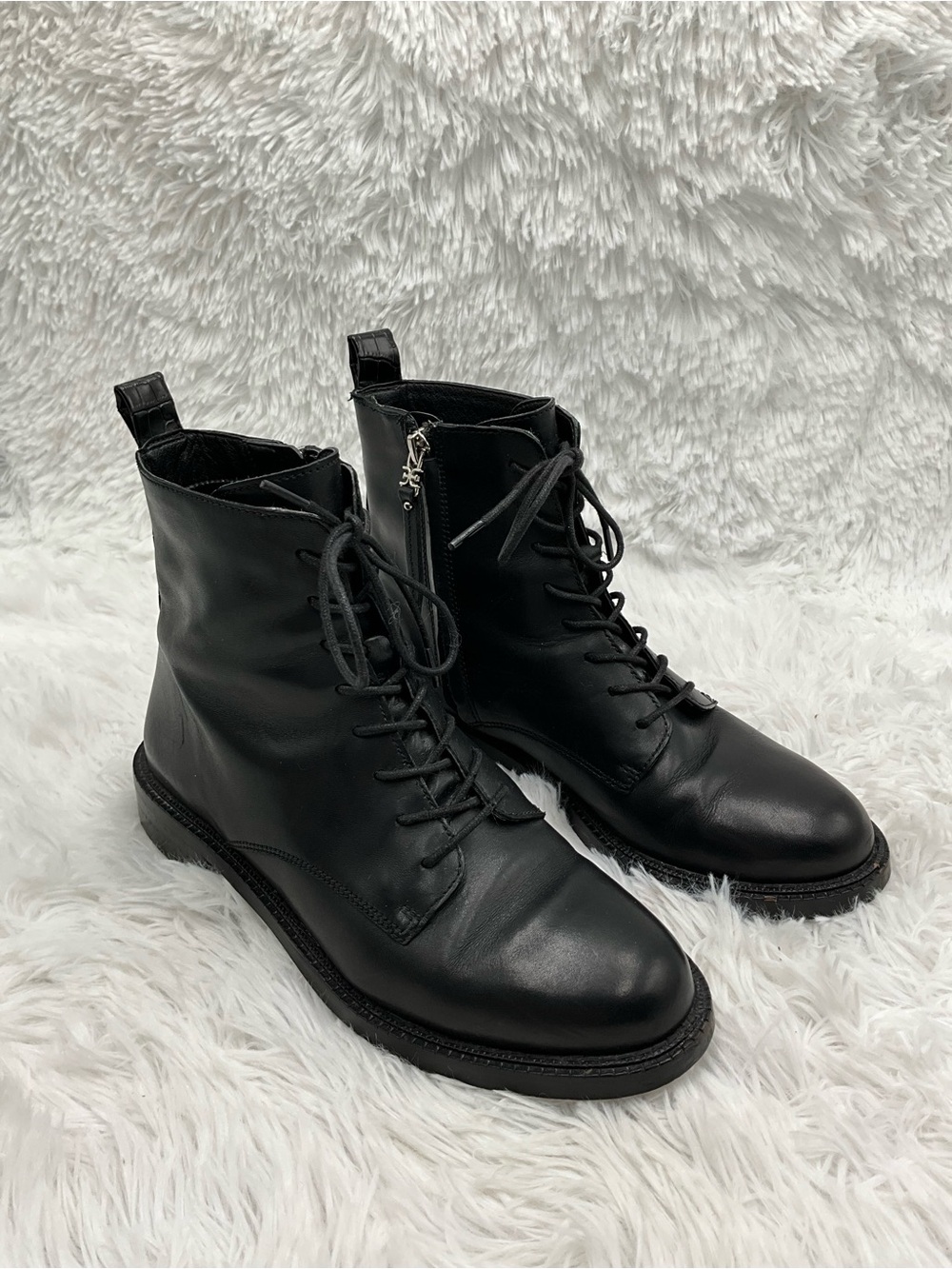 Sam Edelman Combat Boots Size 5.5 Black Leather Lace-Up with Side Zip